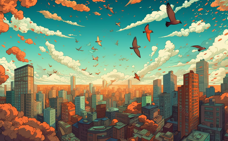 俯瞰城市高楼现代城市鸟群飞翔春天夏天国潮城市插画,插画/手绘图,插画/手绘图库,插画/手绘图下载,插画/手绘